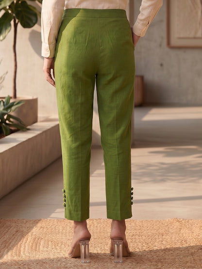 Yash Gallery Women’s Solid GREEN Lycra Ankle-Length Pants with Side Pockets