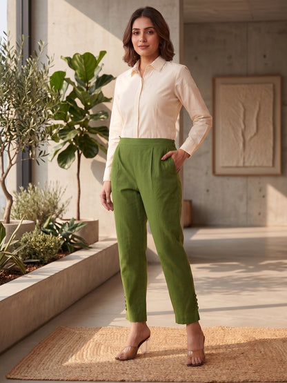 Yash Gallery Women’s Solid GREEN Lycra Ankle-Length Pants with Side Pockets