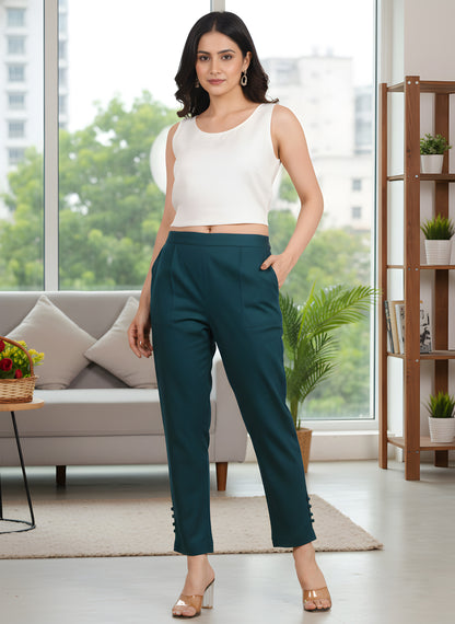 Yash Gallery Women’s Solid Teal Lycra Ankle-Length Pants with Side Pockets