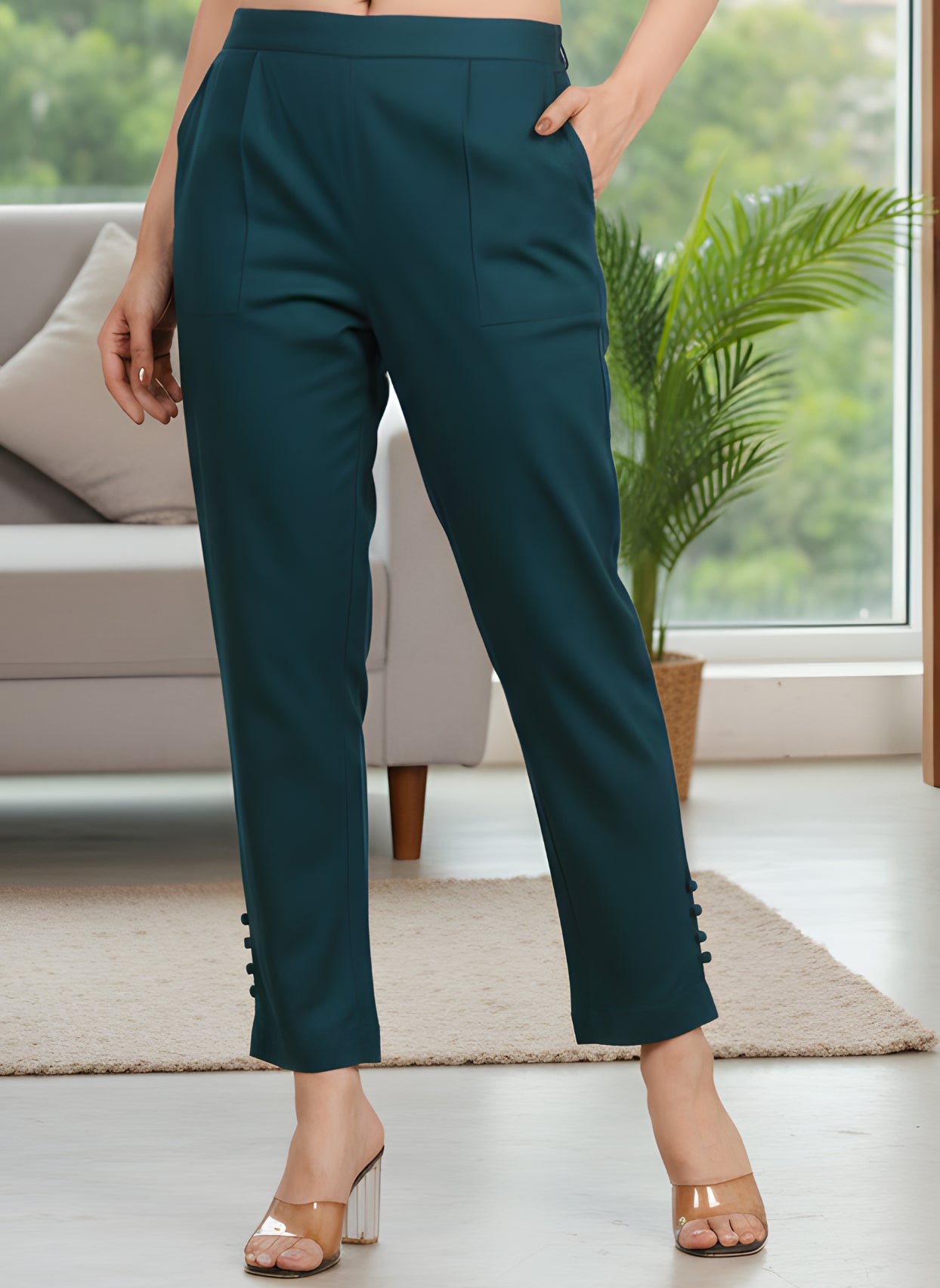 Yash Gallery Women’s Solid Teal Lycra Ankle-Length Pants with Side Pockets