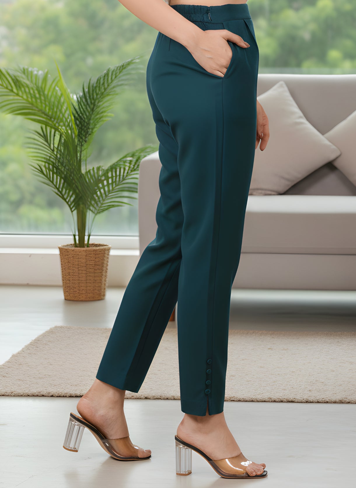 Yash Gallery Women’s Solid Teal Lycra Ankle-Length Pants with Side Pockets