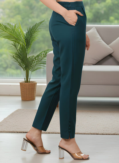 Yash Gallery Women’s Solid Teal Lycra Ankle-Length Pants with Side Pockets