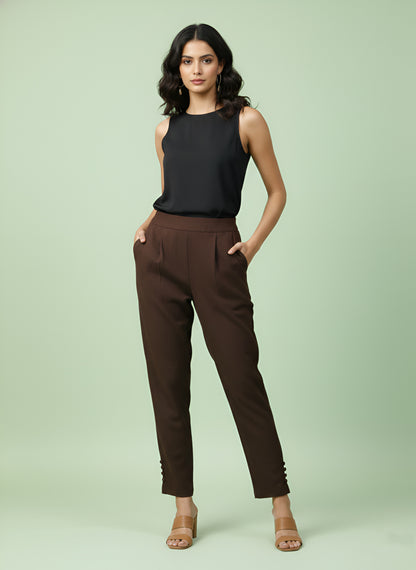 Yash Gallery Women’s Solid Brown Lycra Ankle-Length Pants with Side Pockets