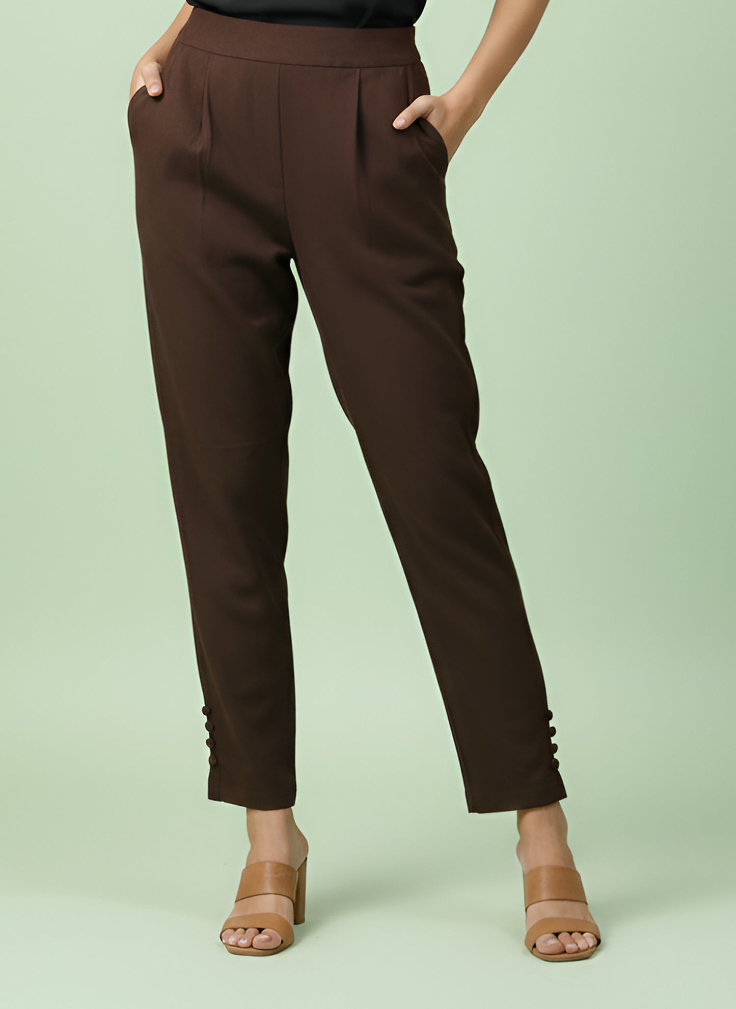 Yash Gallery Women’s Solid Brown Lycra Ankle-Length Pants with Side Pockets