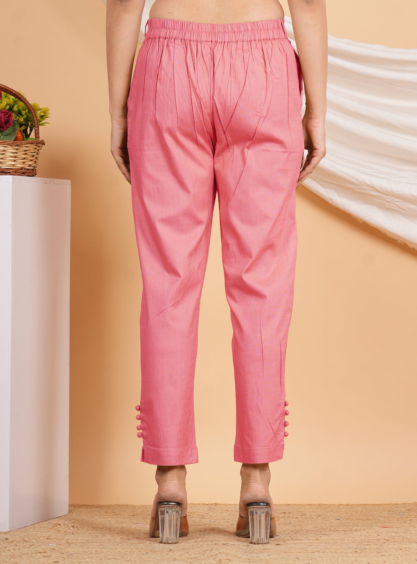 Yash Gallery Women’s Solid Pink Lycra Ankle-Length Pants with Side Pockets