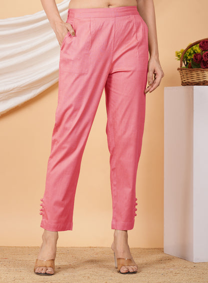 Yash Gallery Women’s Solid Pink Lycra Ankle-Length Pants with Side Pockets