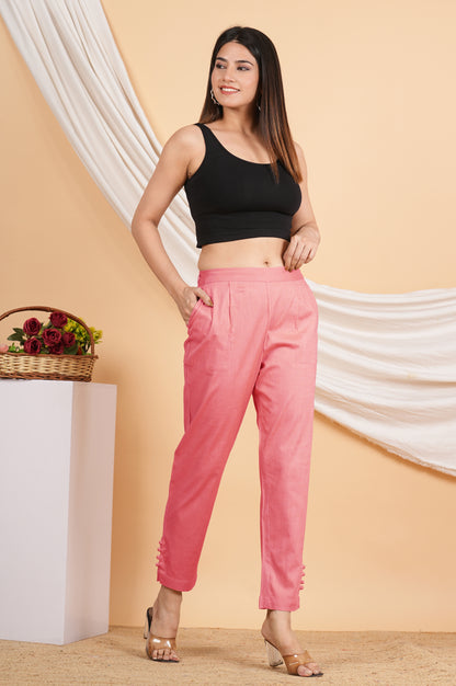 Yash Gallery Women’s Solid Pink Lycra Ankle-Length Pants with Side Pockets