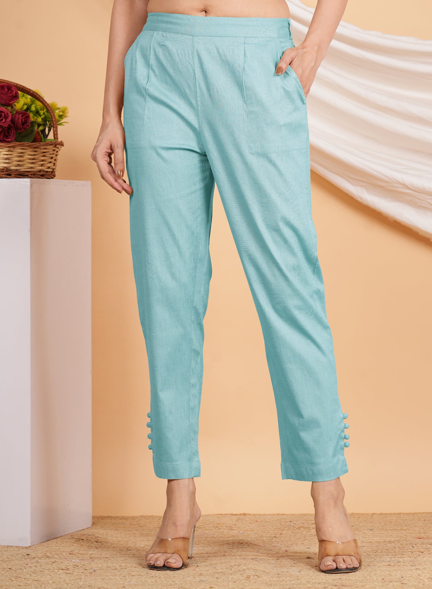 Yash Gallery Women’s Solid Blue Lycra Ankle-Length Pants with Side Pockets