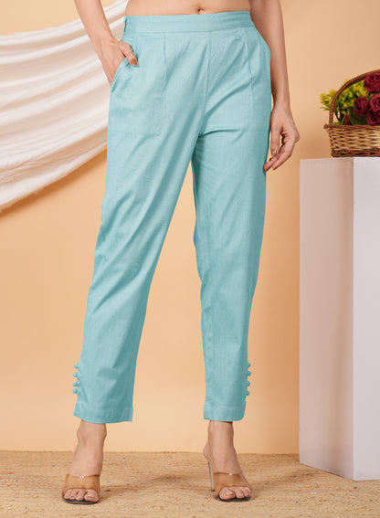 Yash Gallery Women’s Solid Blue Lycra Ankle-Length Pants with Side Pockets