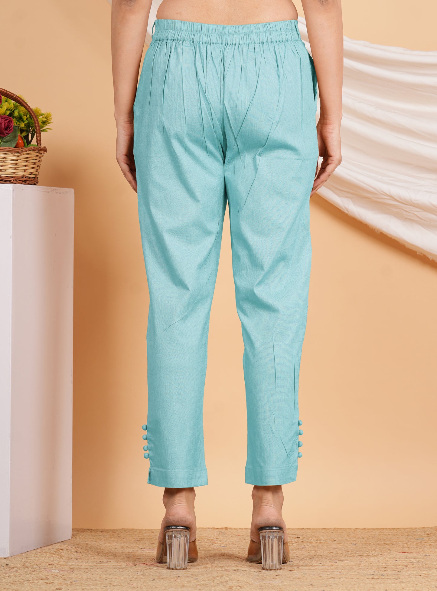 Yash Gallery Women’s Solid Blue Lycra Ankle-Length Pants with Side Pockets