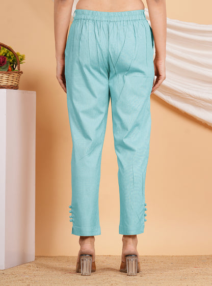 Yash Gallery Women’s Solid Blue Lycra Ankle-Length Pants with Side Pockets