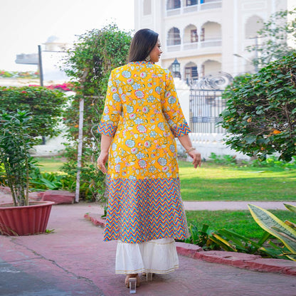 Yash Gallery Women's Rayon Plus Size Floral Printed A-line Kurti (Yellow)