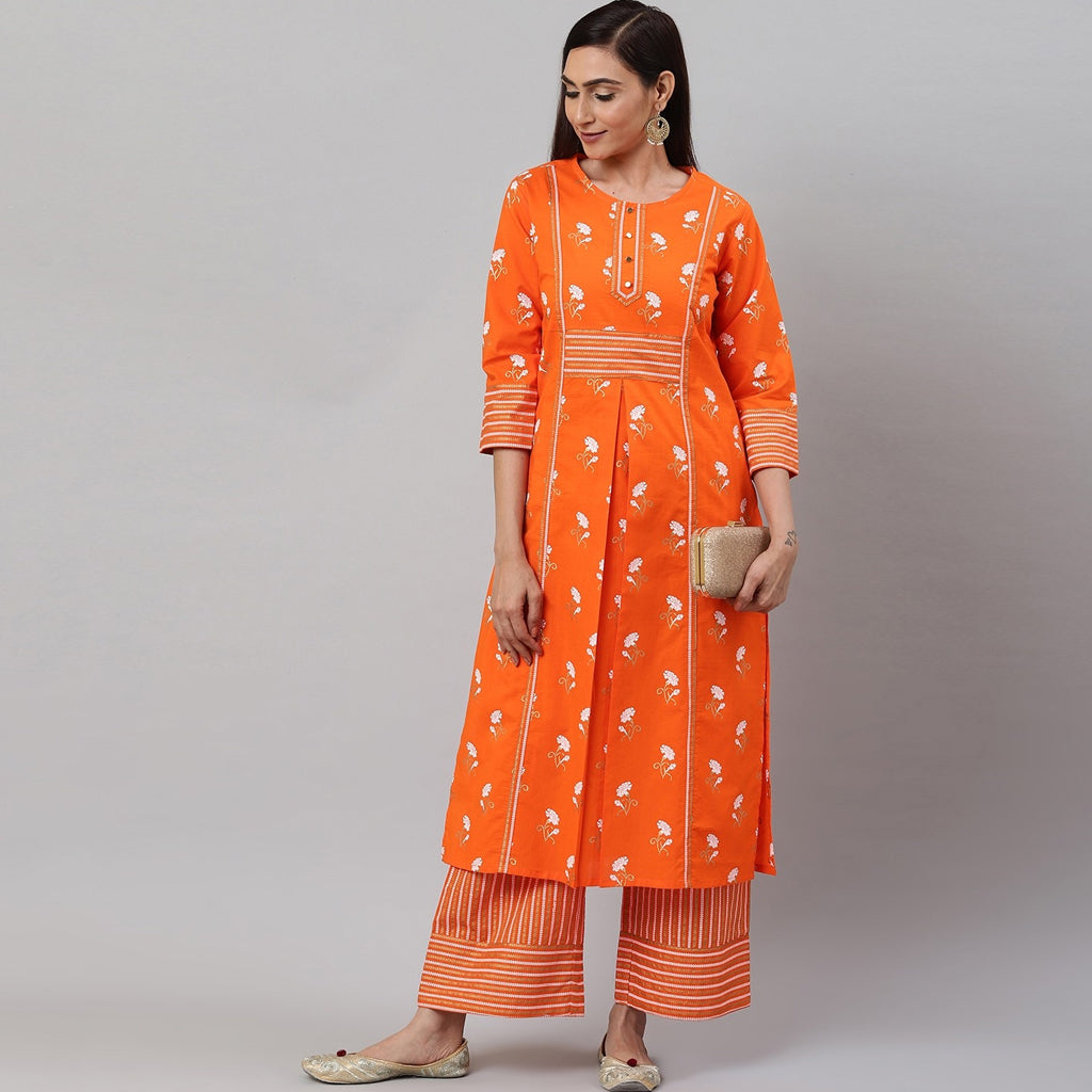 YASH GALLERY Women's Cotton Floral & Stripe Straight Kurta & Palazzo Set (Orange)