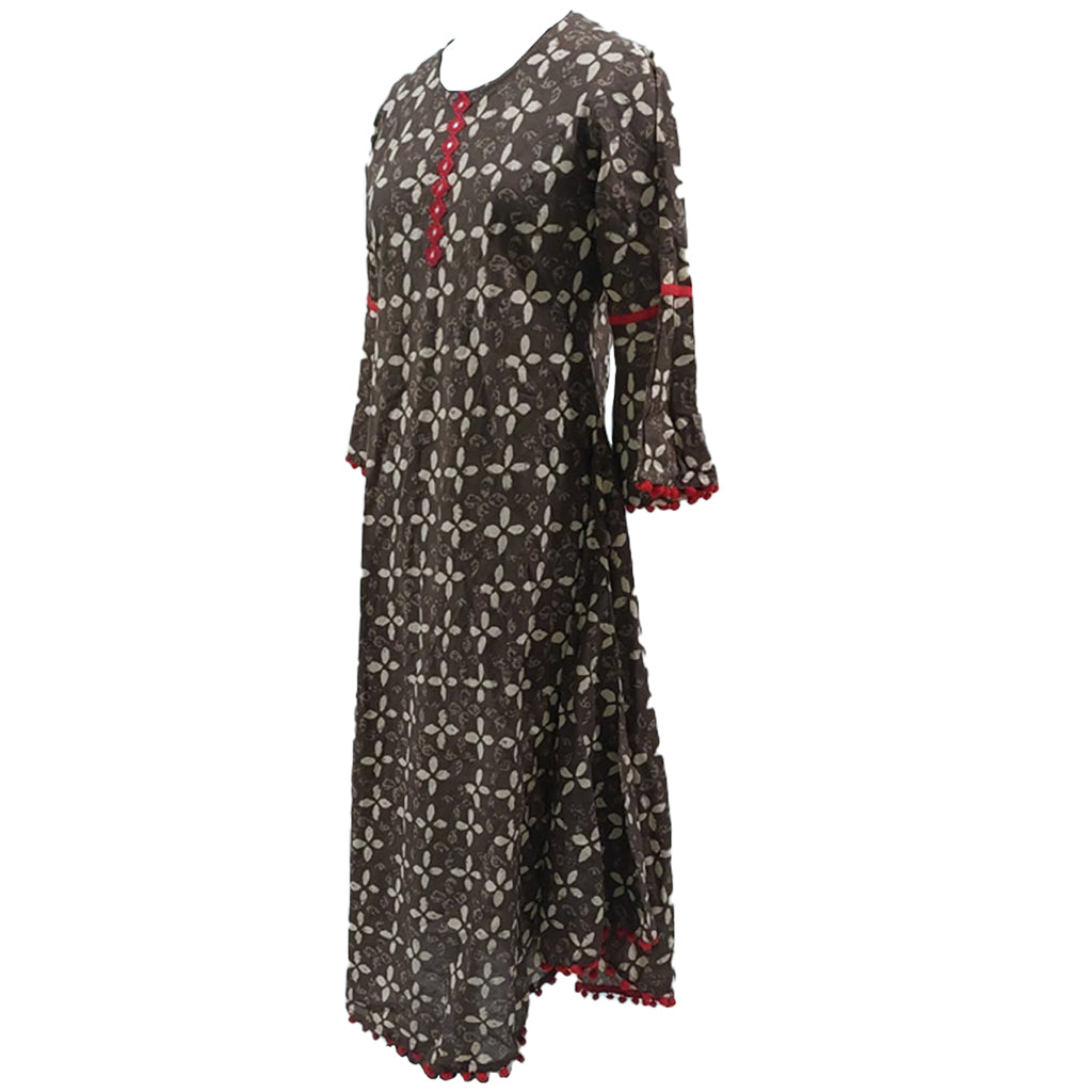 Yash Gallery Women's Cambric Cotton Printed Mirror Work A-Line Kurta (BROWN)