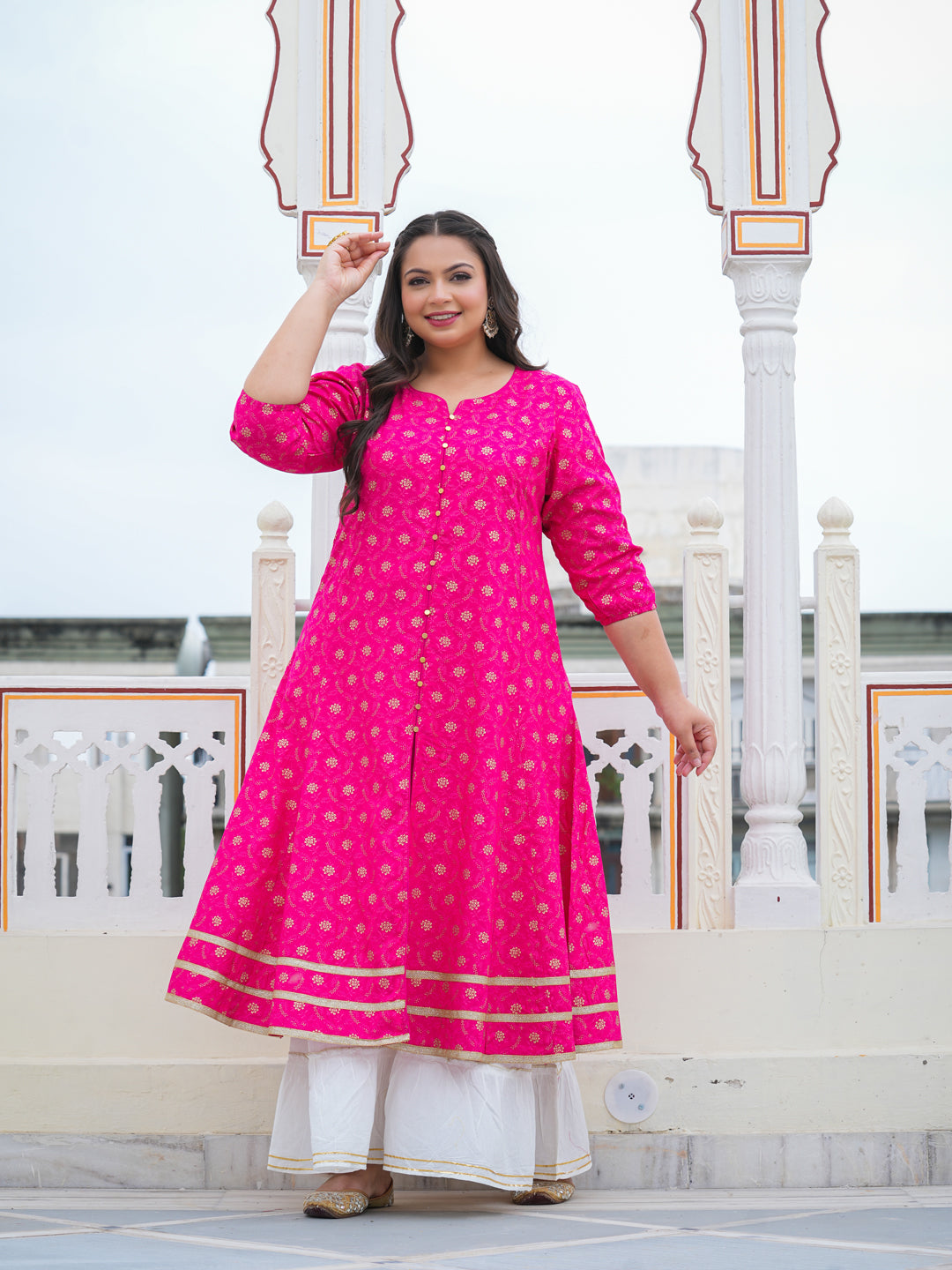 Yash Gallery Gold printed Pink Anarakali Kurta