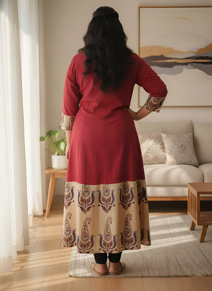 Yash Gallery Women Plus Size Cotton Buta Print A-Line Kurta (Maroon)