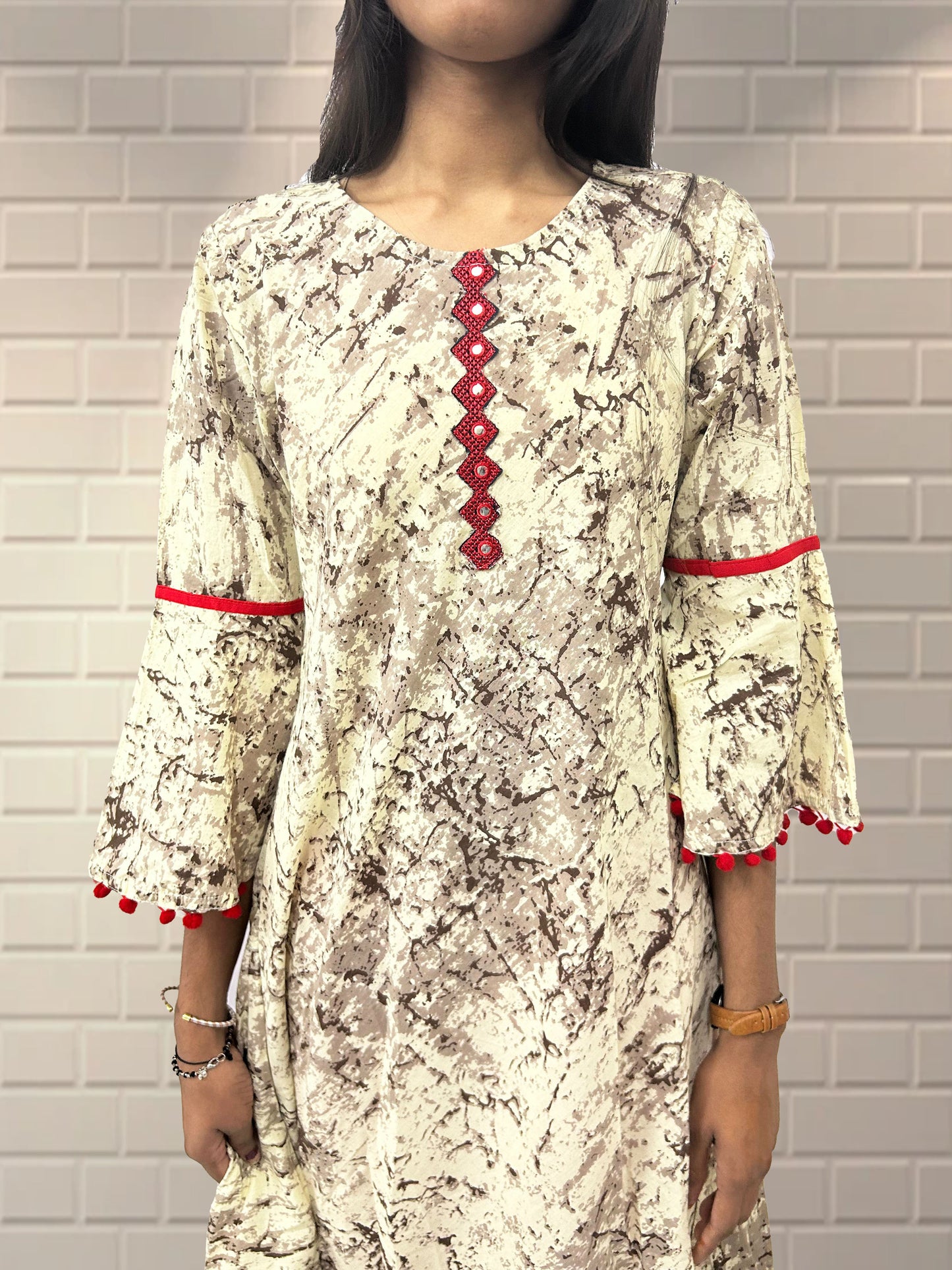 Yash Gallery Women's Cotton Marble Printed Mirror Work A-Line Kurti