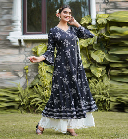 Rayon Floral Print Angrakha Kurta