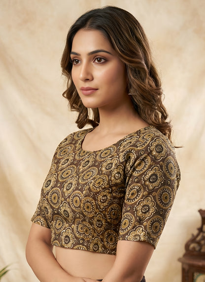 Yash Gallery Women’s Cotton Printed Round Neck Half Sleeve Blouse with Both Side Bobbin Elastic (Brown)