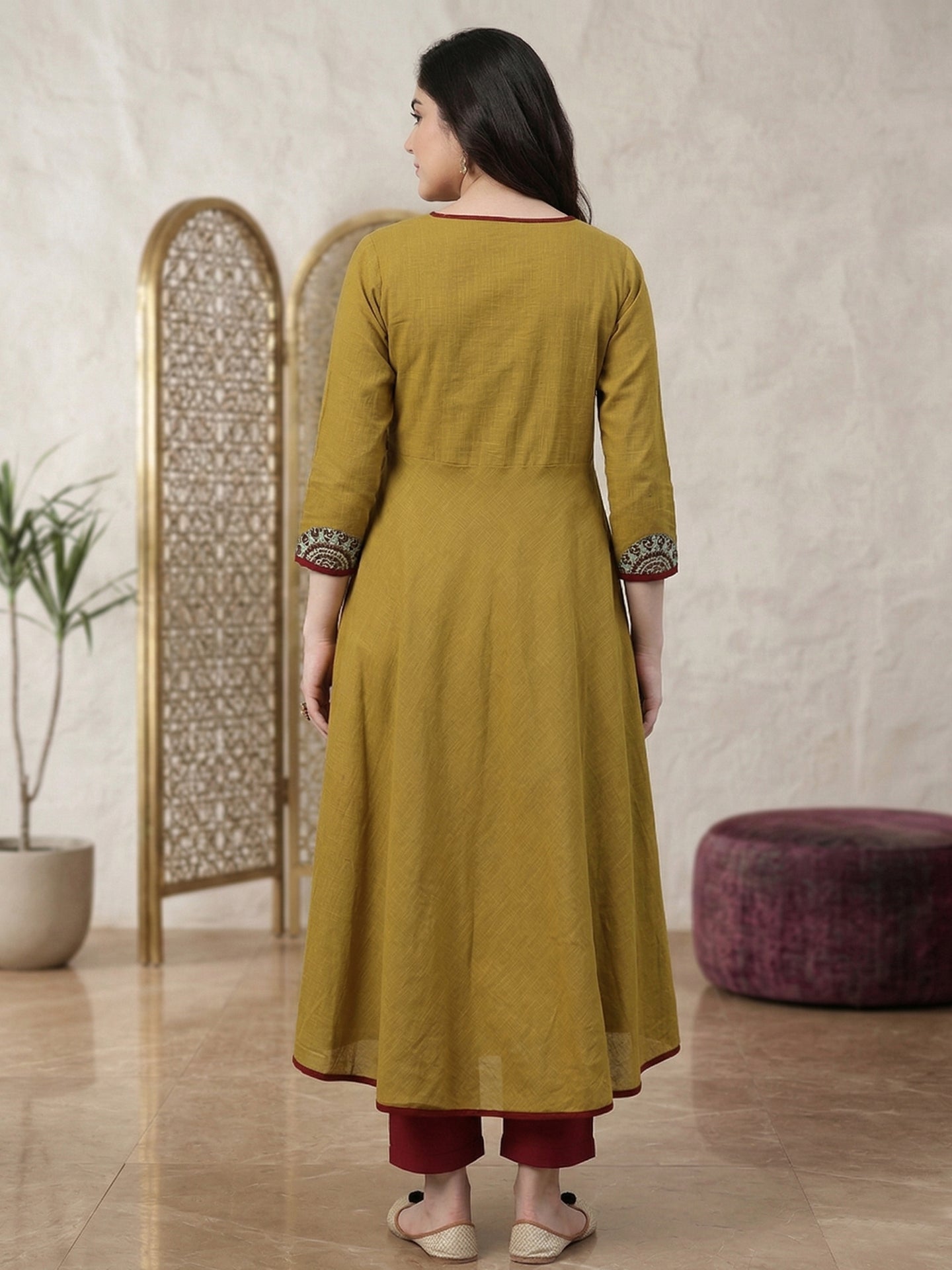 Yash Gallery Women's Cotton Slub Patch Work Angrakha Kurta
