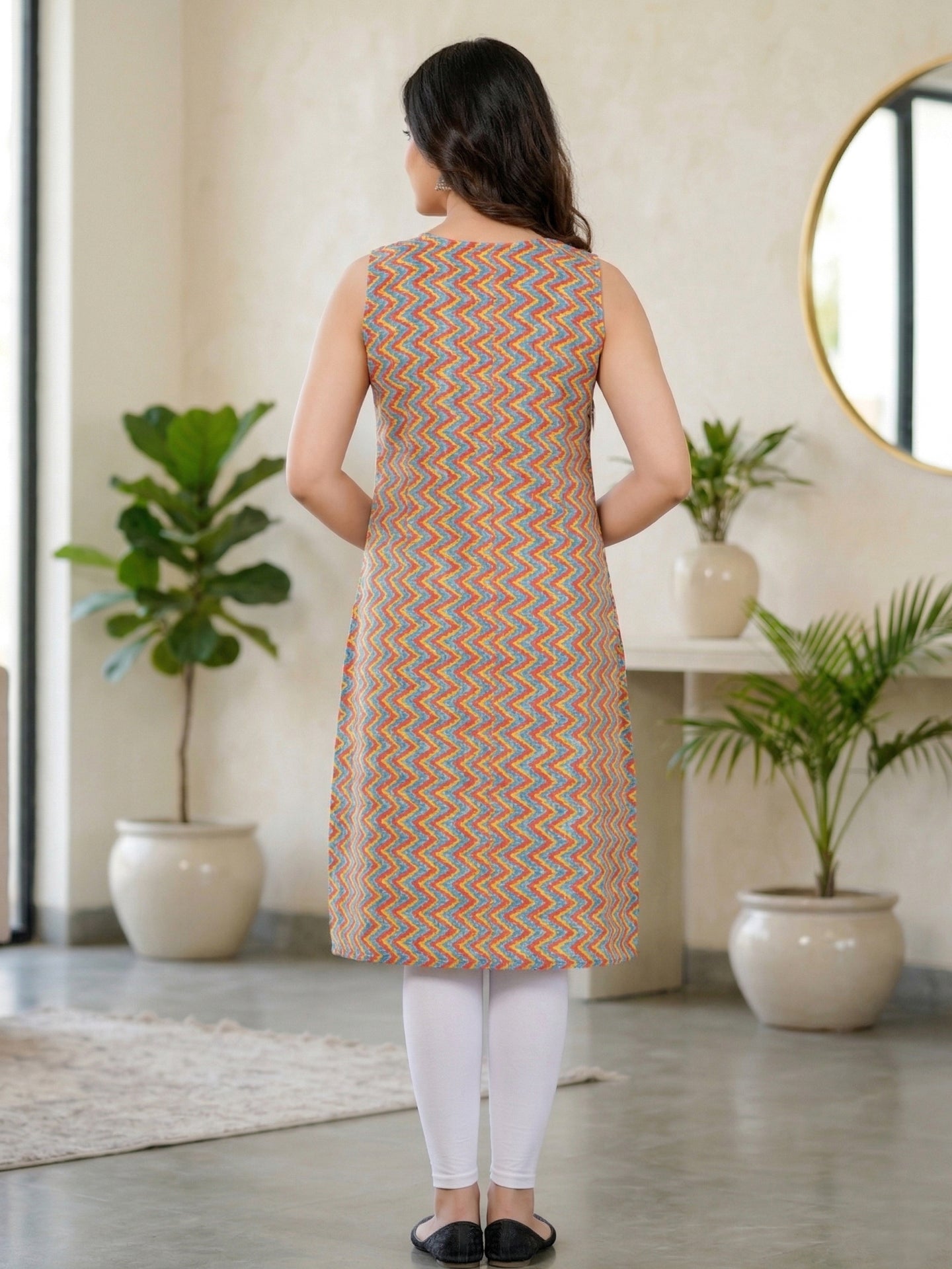 YASH GALLERY Women's Rayon Short Kurti Multi-Colour Zig Zag Print Sleeveless (Multi)