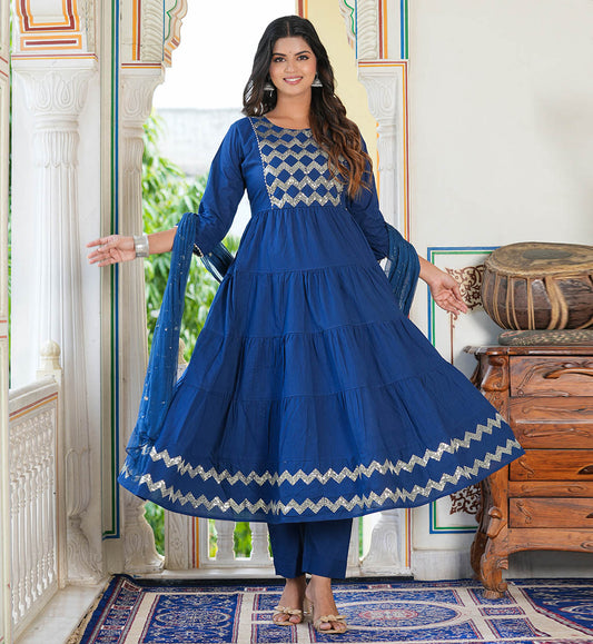 YASH GALLERY Women's Blue  Embroidered Tiered Kurta Set with Dupatta