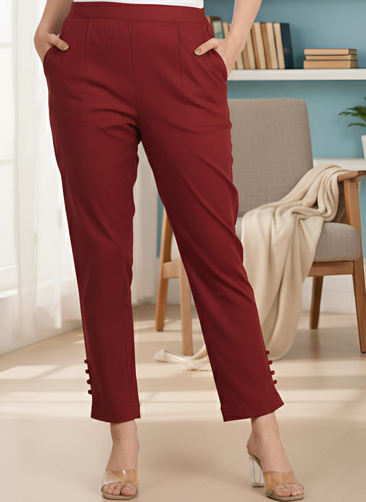 Yash Gallery Women’s Solid Maroon Lycra Ankle-Length Pants with Side Pockets