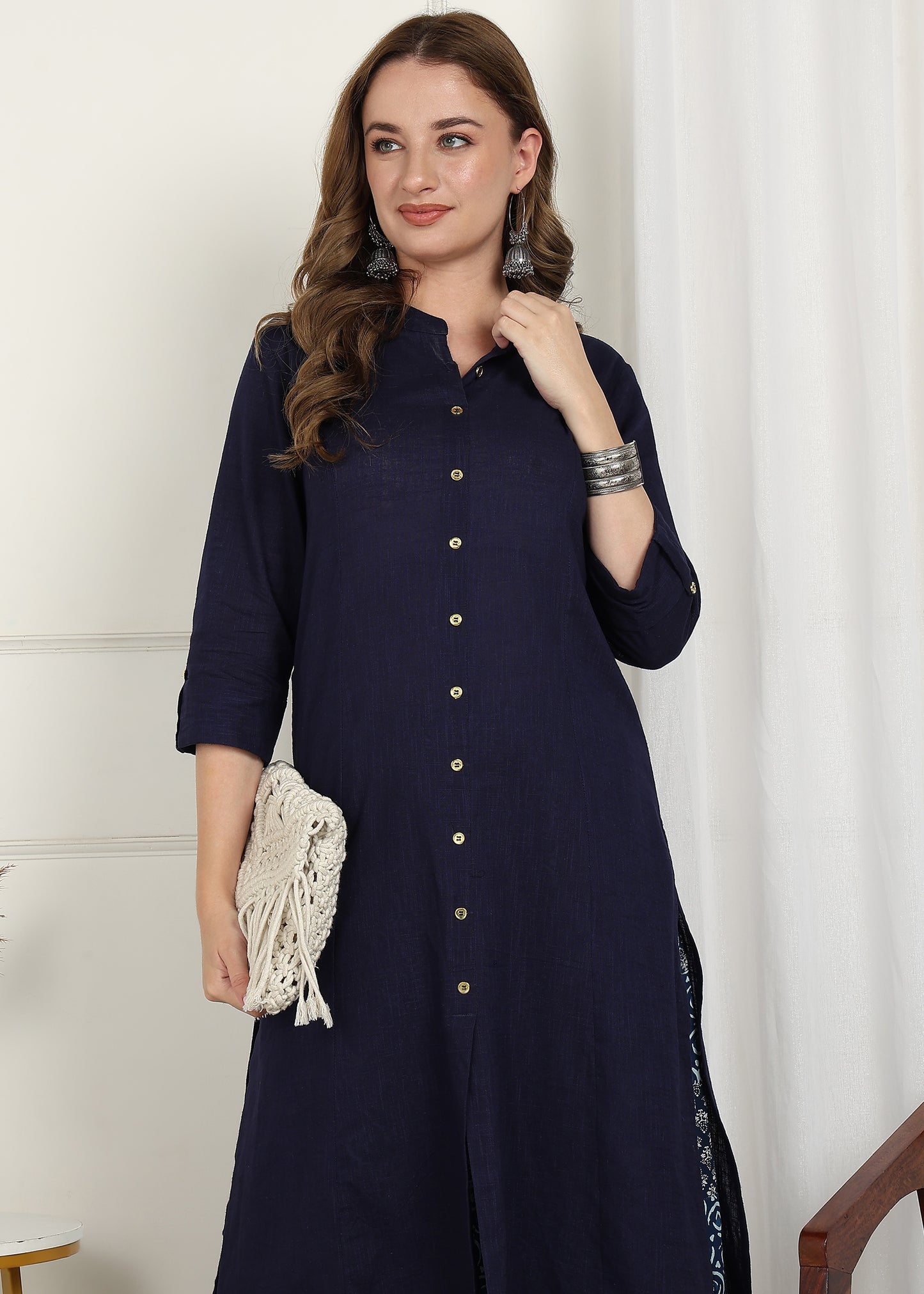 Women's Cotton Slub Solid Straight Kurta with Patchwork Print Palazzo Set (Maroon)