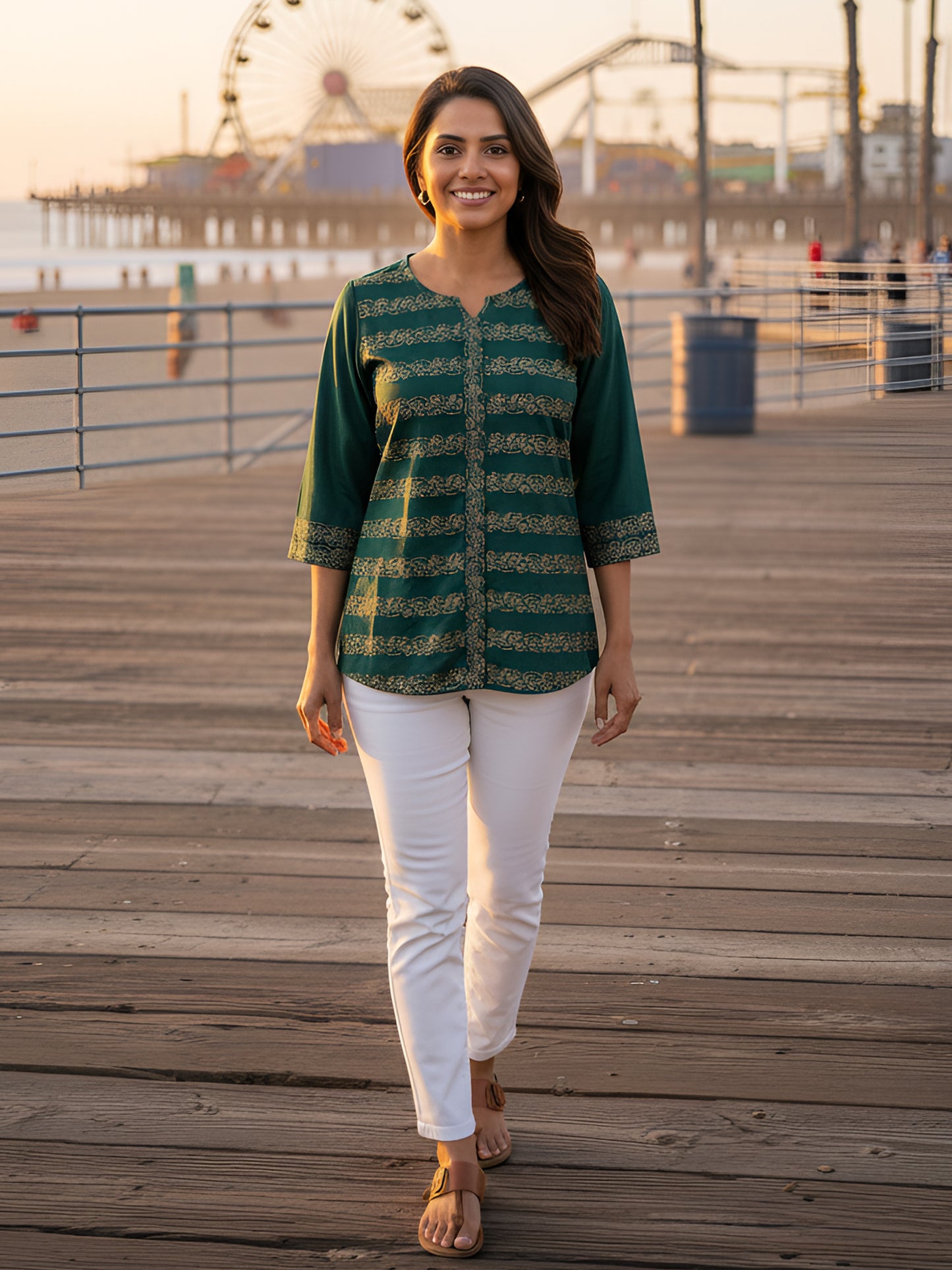 Yash Gallery Women's Ethnic Green Rayon Tunic Top with Elegant Gold Print, 3/4th Sleeve (Green)