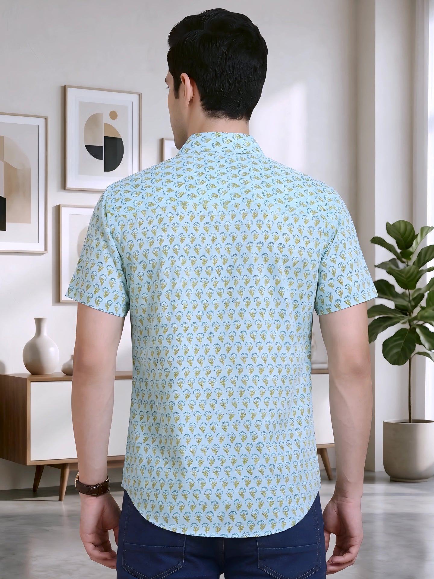 Yash Gallery Men's Cotton Cambric Handblock Print Regular Shirt (Mint)