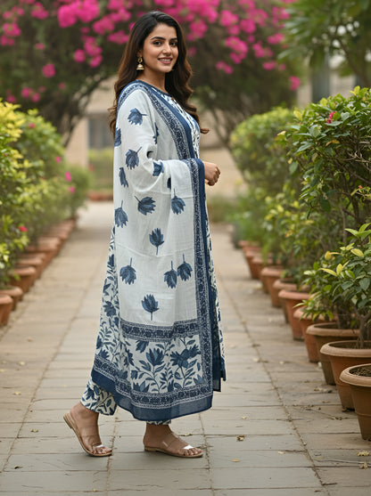 Yash Gallery Women’s Cotton Printed Kurta with Button Detail, Printed Pants & Matching Printed Dupatta Round Neck, 3/4 Sleeves (Blue)