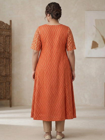 Yash Gallery Women's Rayon Zig-Zag Gold Print Anarkali Kurta Plus Size (Orange)