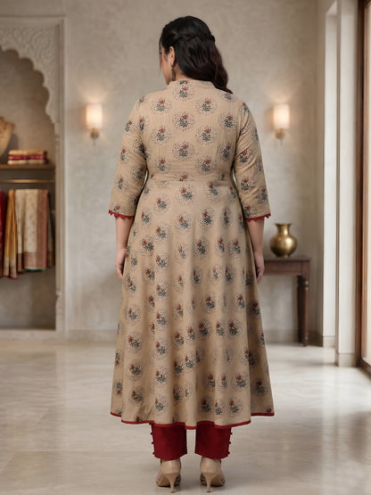 Cotton Blend Floral Print Anarkali Kurta Plus Size (Beige)