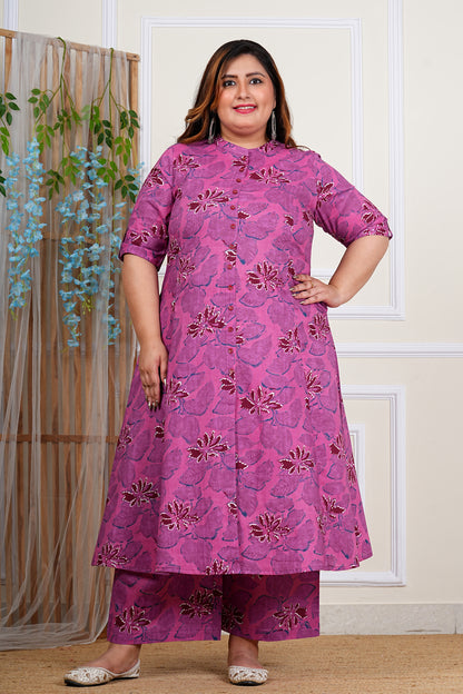 Yash Gallery Women's Cotton Floral Print Knee Length Half Sleeve A-line Kurta With Pant