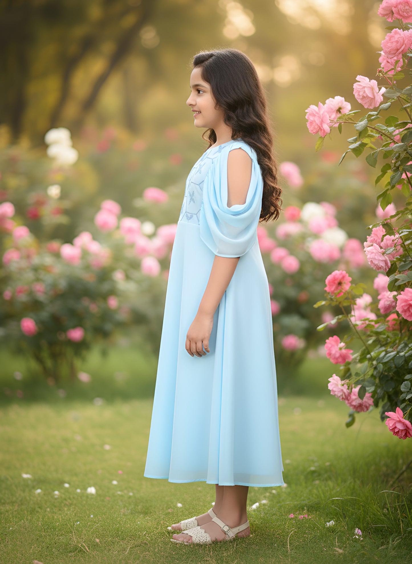 Yash Gallery Kids Georgette Floral Embroidered Anarkali Dress (SkyBlue)