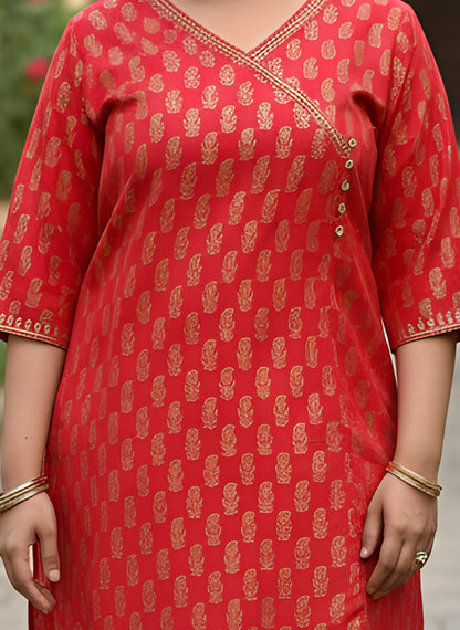 Yash Gallery Women’s Cotton Gold Block Print V-Neck and 3/4 Sleeves Wrap Style Kurti