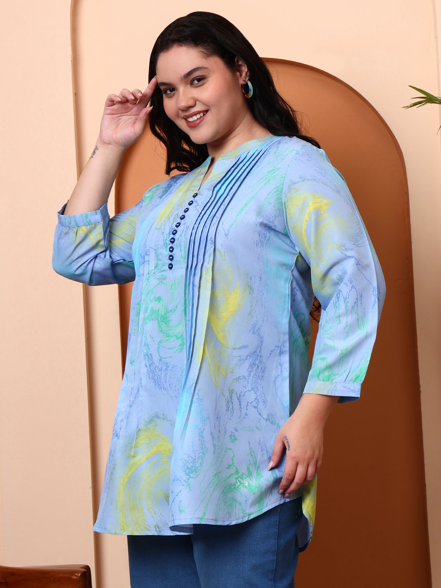 Yash Gallery Women’s Polyester Marble Print Kurti Mandarin Collar with Pintuck Pleats  3/4th Sleeve  (Blue)