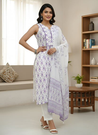Women's Cotton Straight Kurta Sleeveless Floral Print  With Pant And Duptta (Purple)
