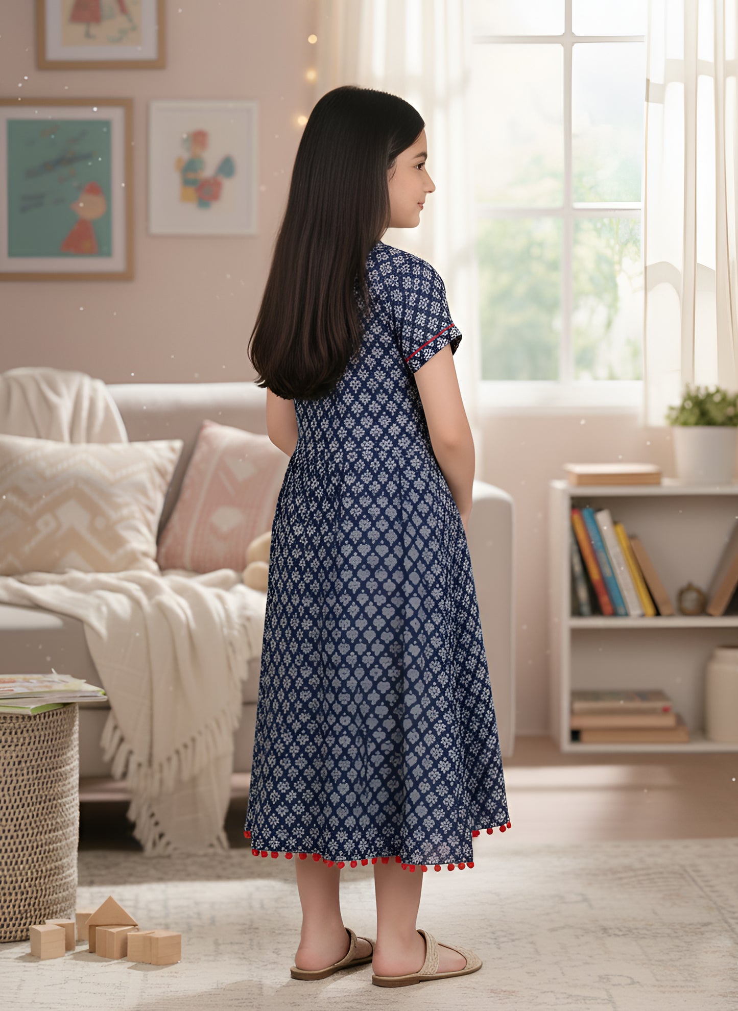 Yash Gallery Kids Cotton Floral Print Anarkali Dress (Blue)