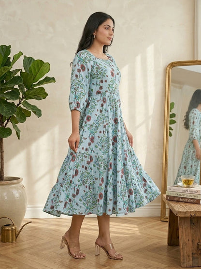 Yash Gallery Women's Rayon Floral Printed Square Neck 3/4th Sleeve Tiered Style Casual Maxi Dress