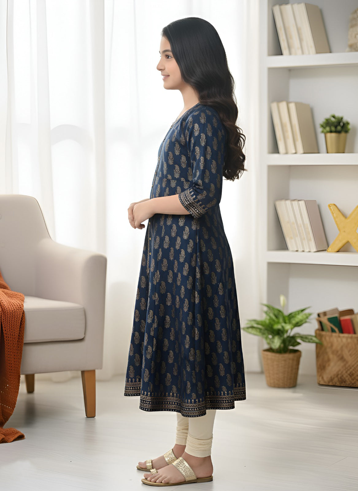 Yash Gallery Kid's Maxi Cotton Print Anarkali Dress (Blue)