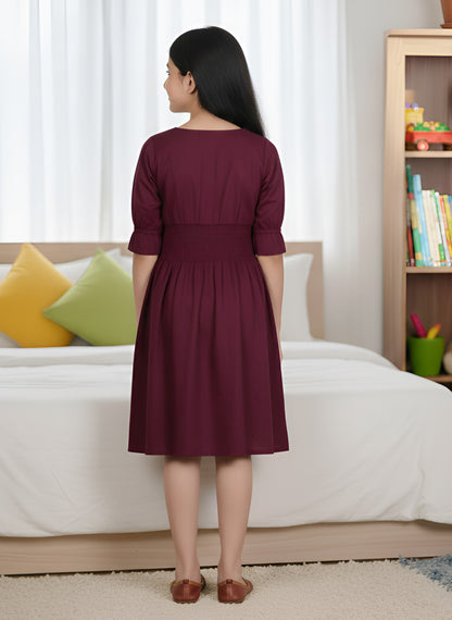 YASH GALLERY Kids Smoking Embroidery Dress (Maroon)