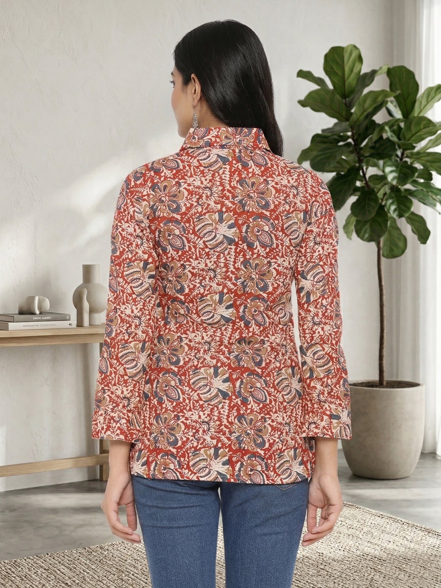 Yash Gallery Women's Cotton Kalmakari Print Shirt Stye Top (Red; Blue)