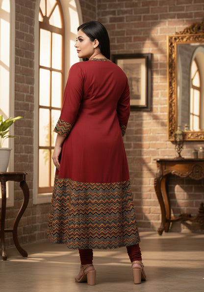 Rayon & Cotton Cambric Zig-Zag Printed A-line Kurta Plus Size