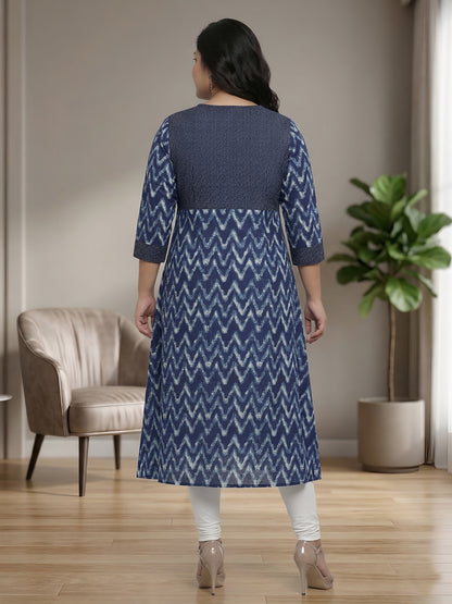 Cotton Chevron Print Kaantha Work A-line Kurta (Blue)