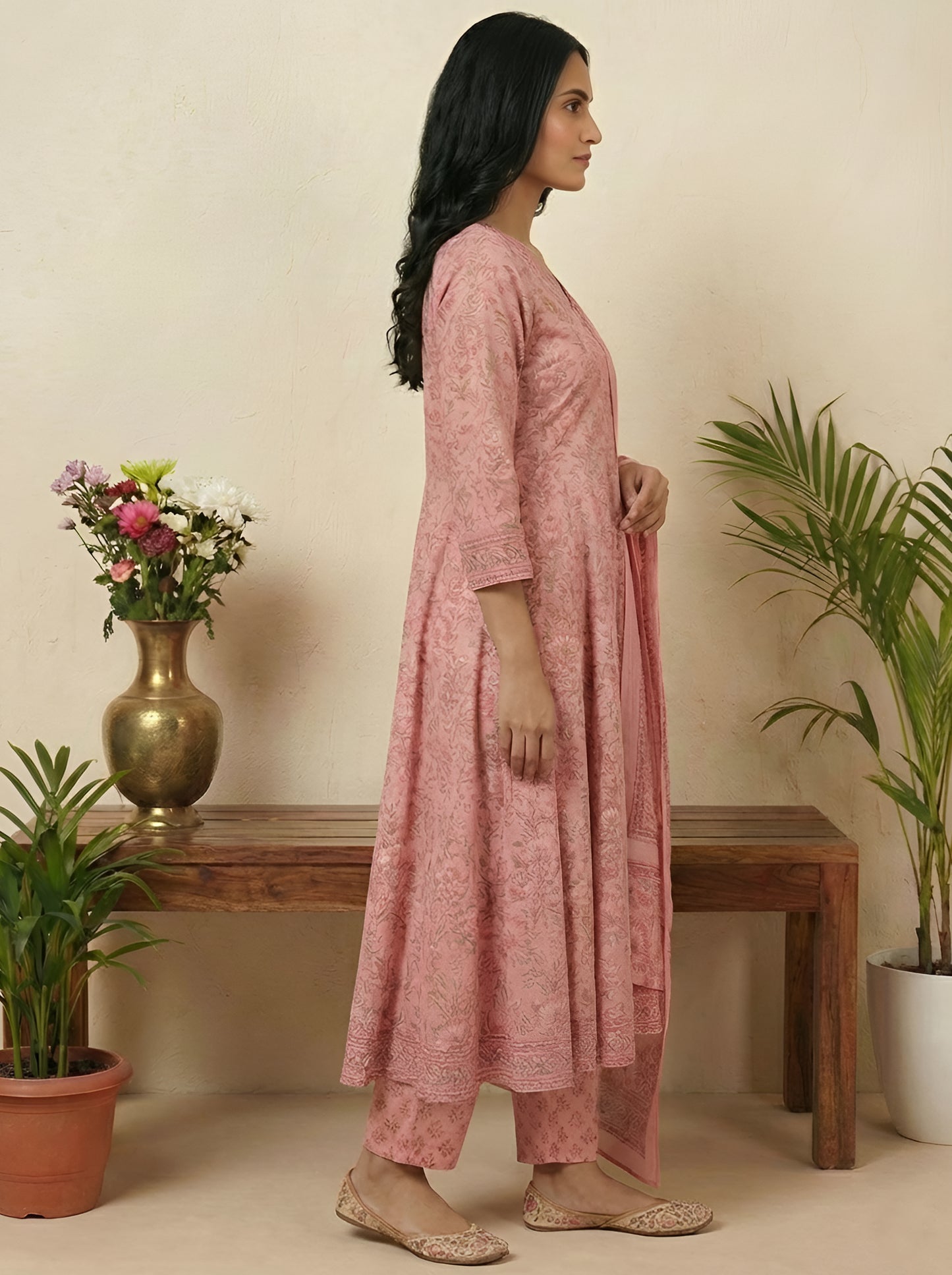 Yash Gallery Women’s Cotton Floral Print, Sequinned & Embroidered Anarkali Kurta & Pant with Dupatta Set