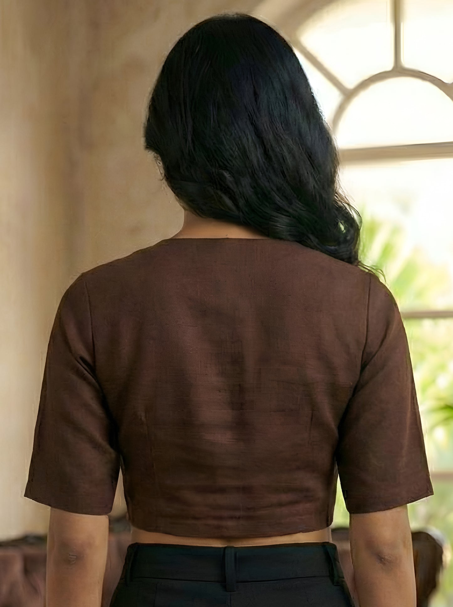 Round Neck Half Sleeves Blouse (Brown)