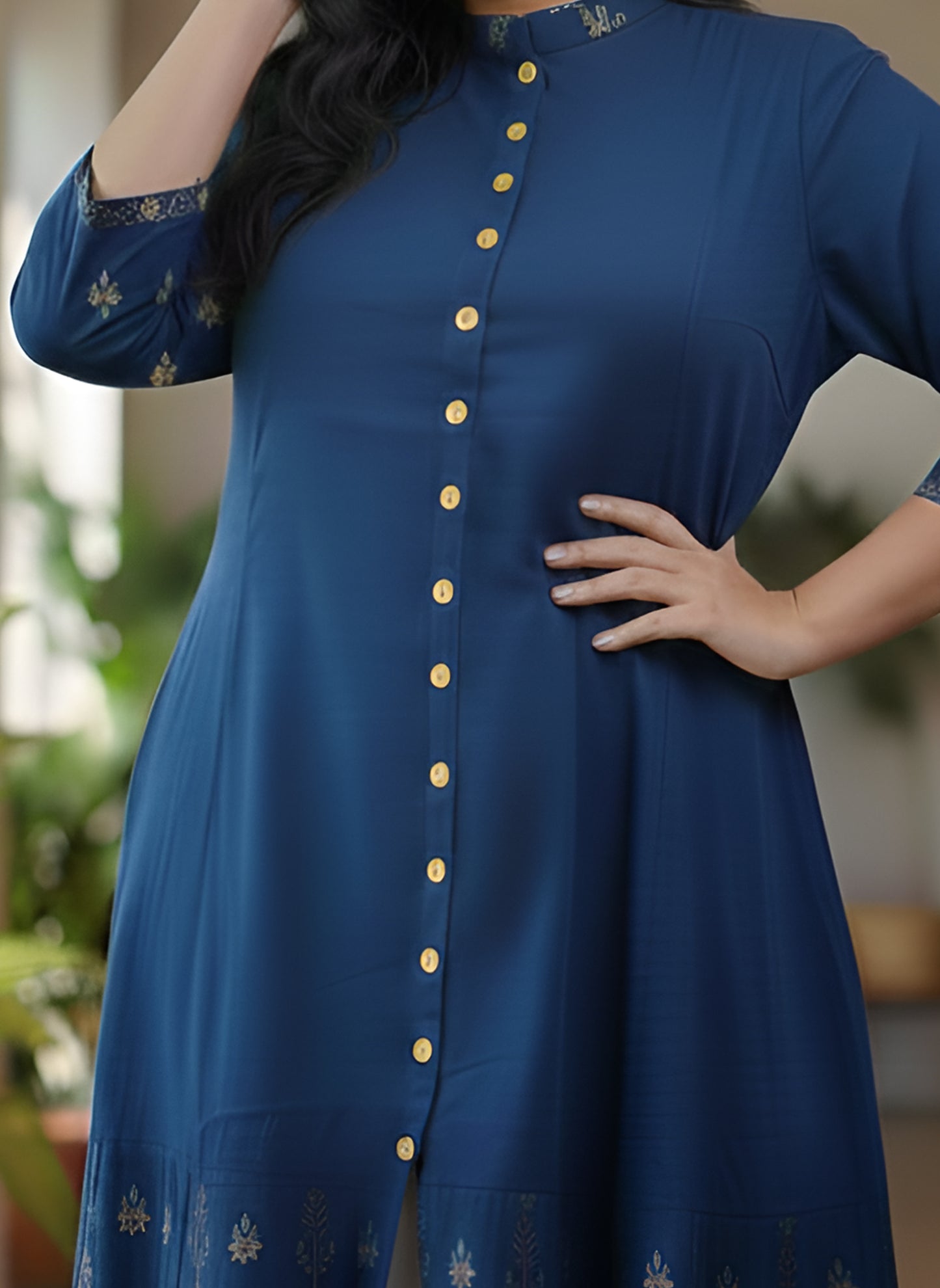 YASH GALLERY Women’s Rayon Staple Gold Print Front Slit A-Line Kurta