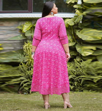 YASH GALLERY Women's Stretchable Plus Size Maternity Wear Bandhej Printed Anarkali Dress