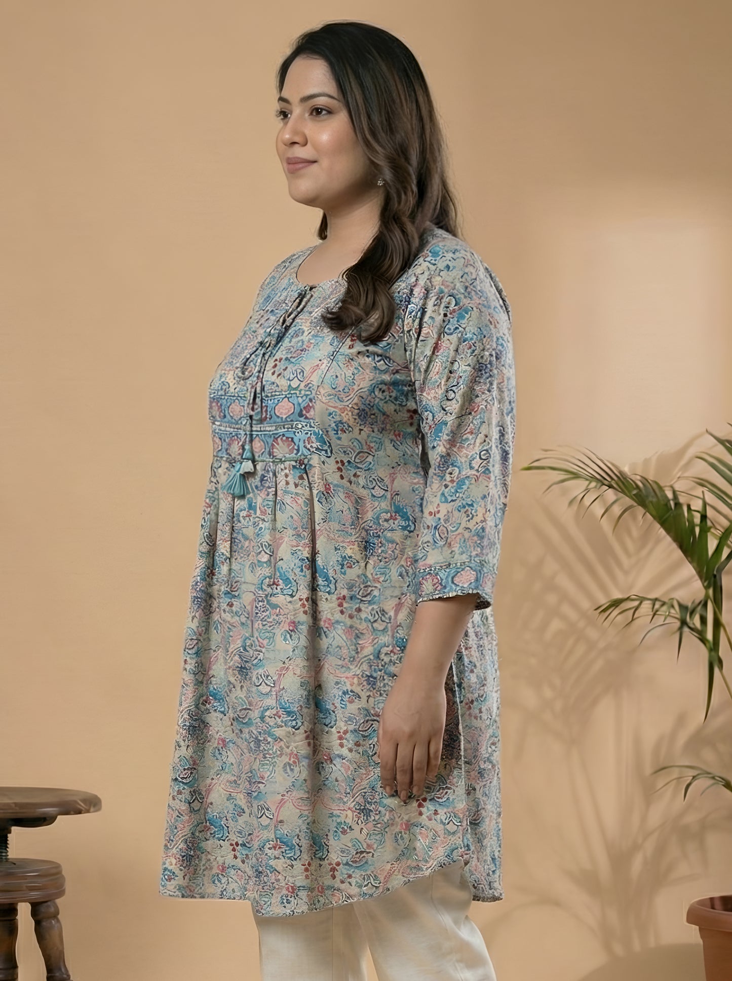 Yash Gallery Women’s Microfiber Printed Short Kurta Tie-Up Keyhole Neck, 3/4 Sleeves (Multi)